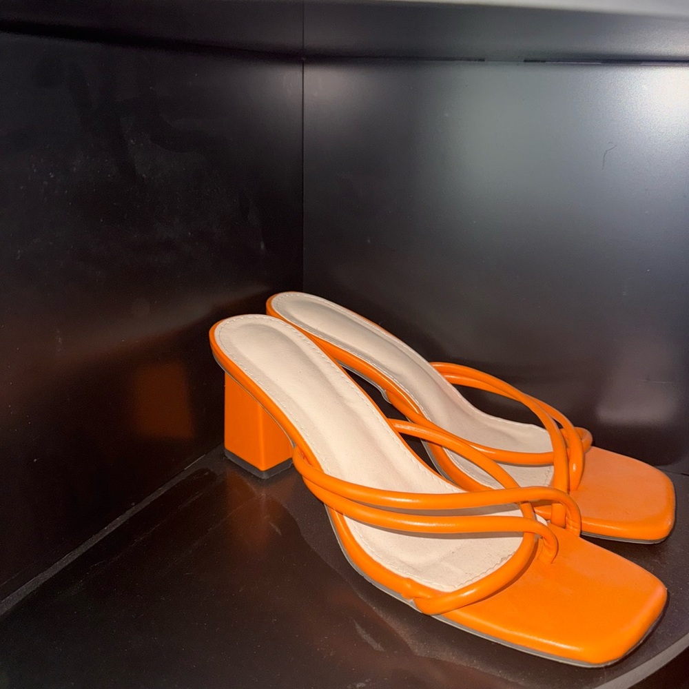 Orange Strappy Block Heel Sandals